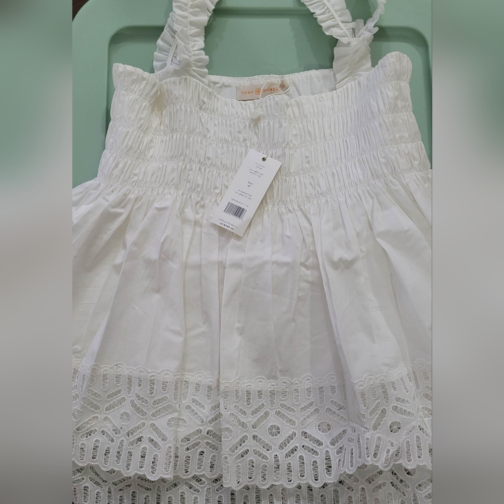 NWT Tory Burch 'Georgette' White Smocked Embroidered Lace edge Tank Top size 12